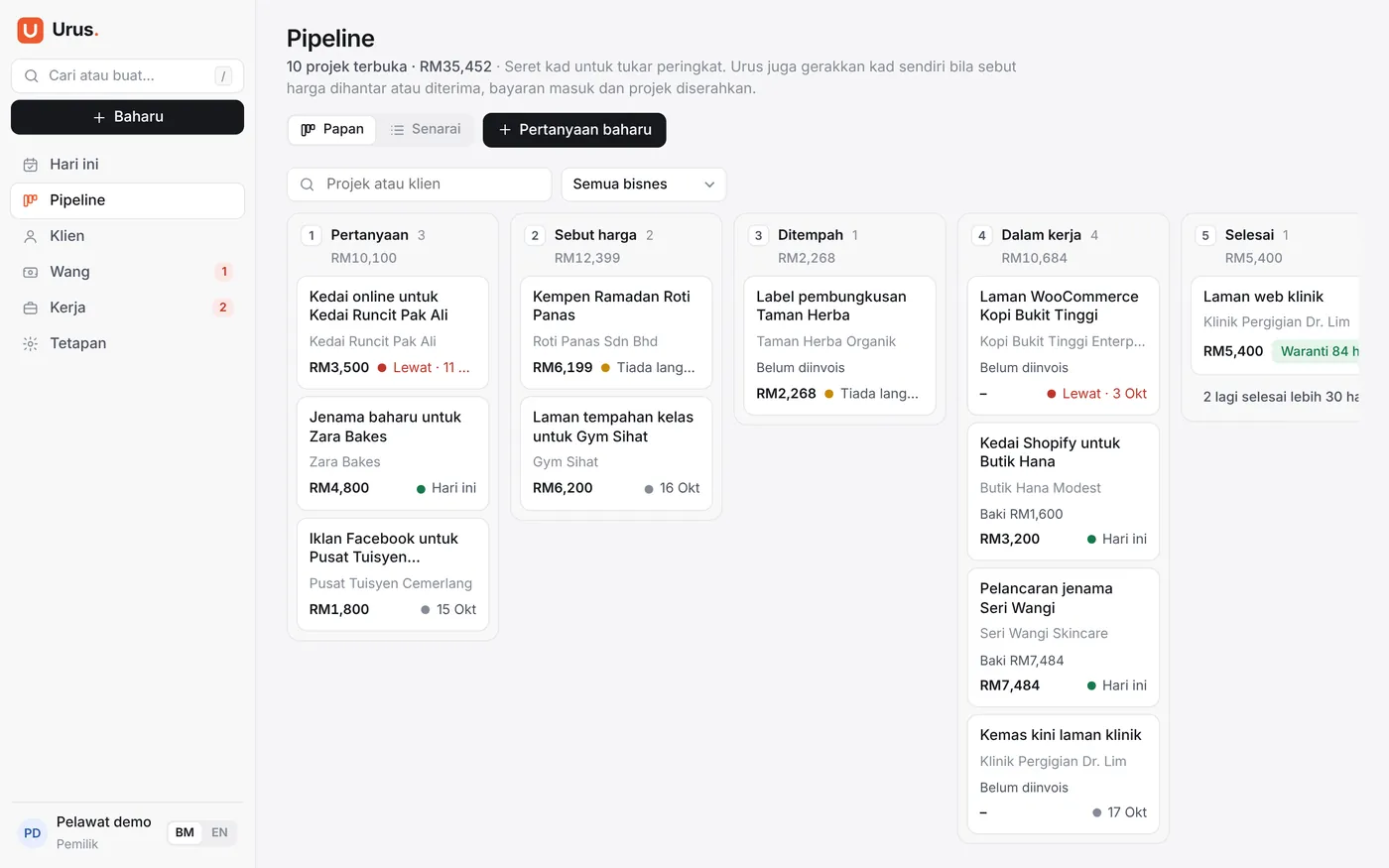 Urus CRM web app showing a sales pipeline